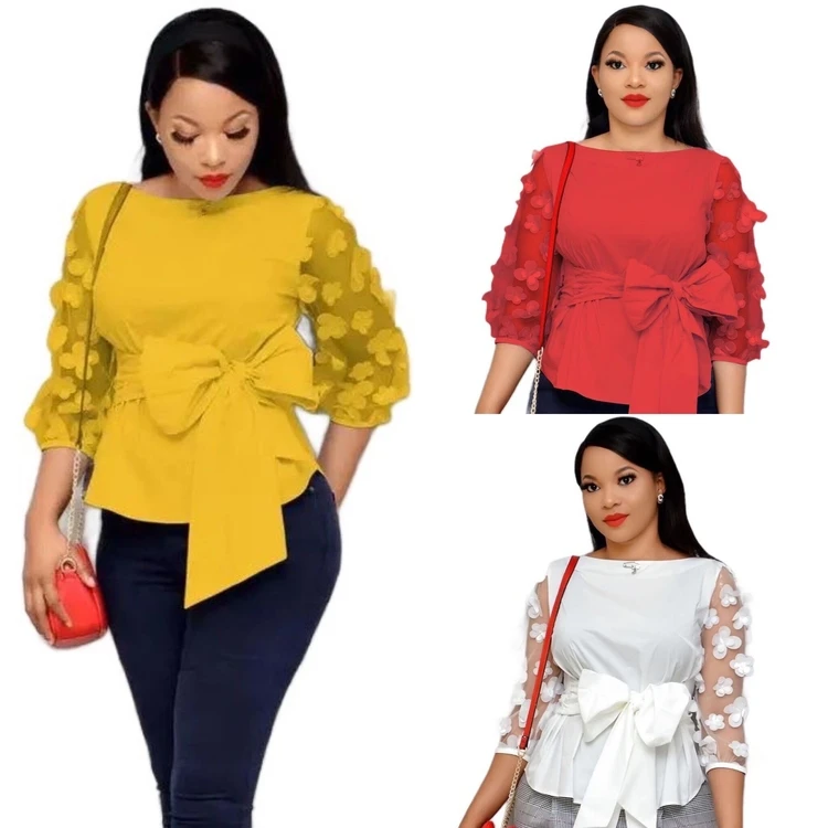 Autumn Spring New Slim Waist Lace Up O Neck Patchwork Mesh Flare Long Sleeve Appliques  Women Elegant Shirt Slim Short Blouse