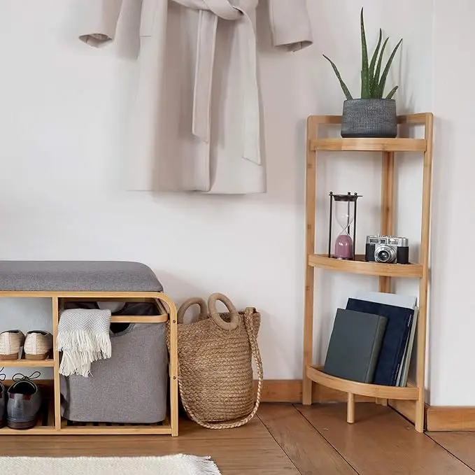 3 Tier Narrow Bamboo Corner Shelf Storage Rack Free Standing Rack Multipurpose Shelving Unit Living Room Bathroom Kitchen Shelf