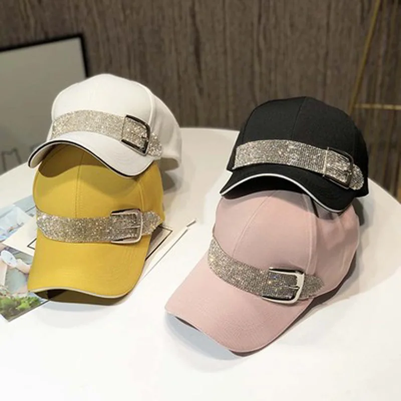 RTS 2021 Summer  Korean Fashion Female Crystal Shiny Color Belt Cap Lady Bright Rhinestone Baseball Caps for Women