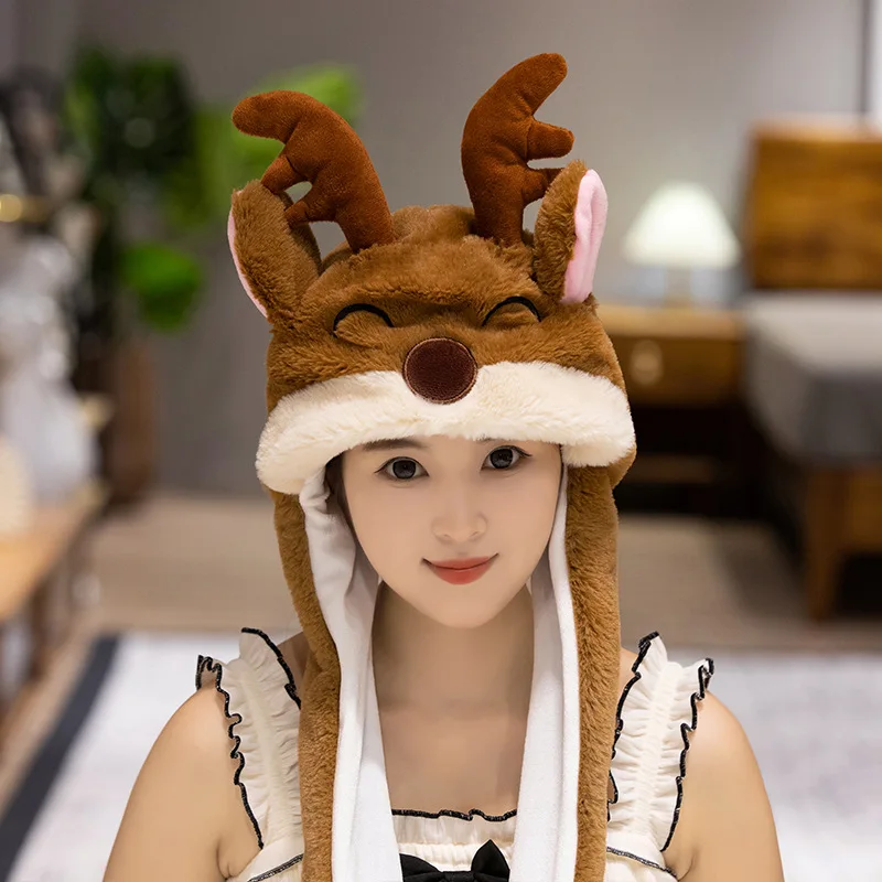 Unisex Cartoon Christmas Hat with Moving Ears Plush Infrared Heating and Air Bags for Winter Festivities or Birthdays