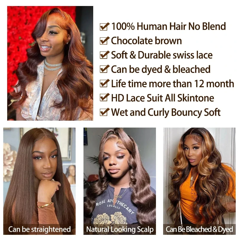 Chocolate Brown Lace Front Wig Human Hair 180% Density 13X4 Body Wave Lace Front Wig Human Hair Hd Transparent Glueless Wigs