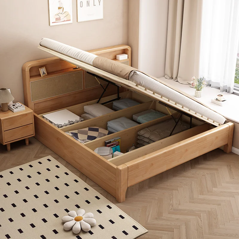 Modern Simple Rattan Bed Queen King Size Wooden Frame Rattan Bed Storage Double Solid Wood Bed for Bedroom set