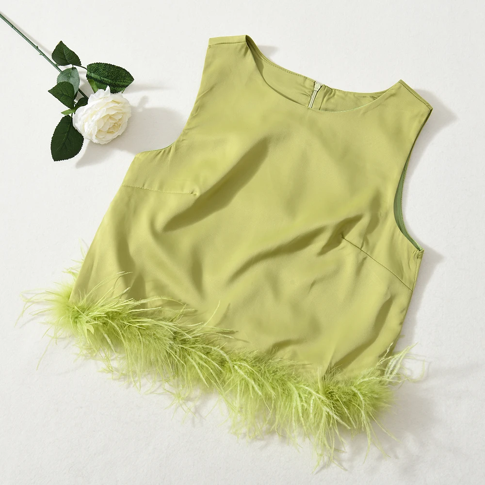 Wholesale Summer Ladies Sleeveless Round-neck Feather Trim Crop Tops Womens Tank Tops Custom Patchwork Vest Ostrich Feather Top