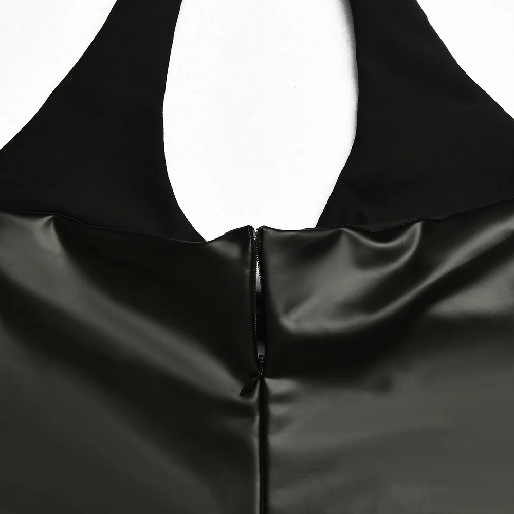 Wholesale autumn new PU leather dress street photo hot girls tight sexy back hanging neck dresses women lady elegant