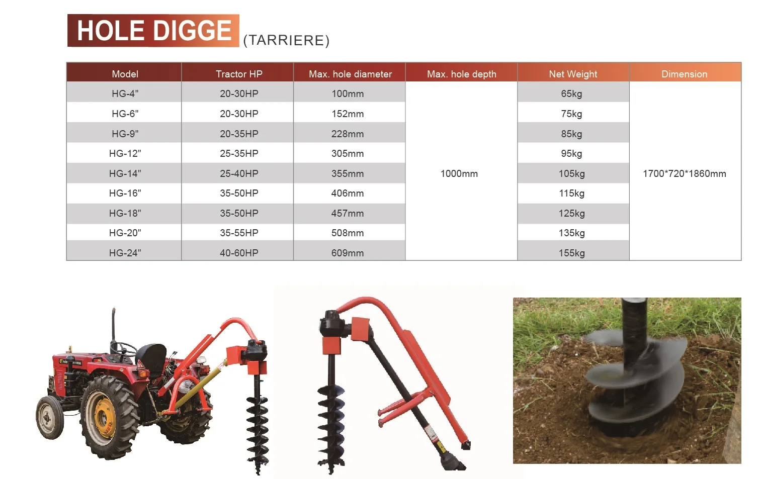 PTO driven 3 point Post Hole Auger tractor implements