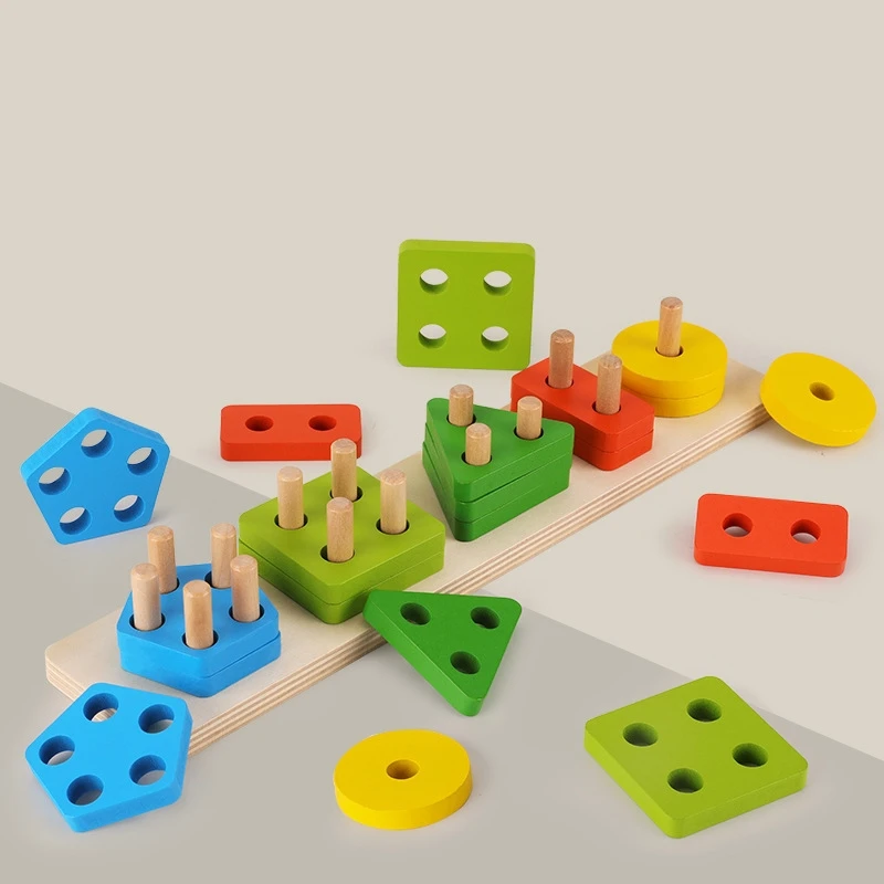 Kids Rainbow Wooden Educational Toy Multicolor Shape Sorter Stacking Block Geometric Stacker
