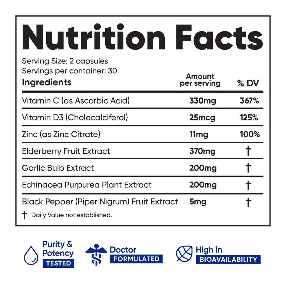 Supports Health Advanced Immune 6-in-1 Powerful Blend Vitamin C Vitamin D3 Zinc Elderberries Garlic Bulb Echinacea capsules