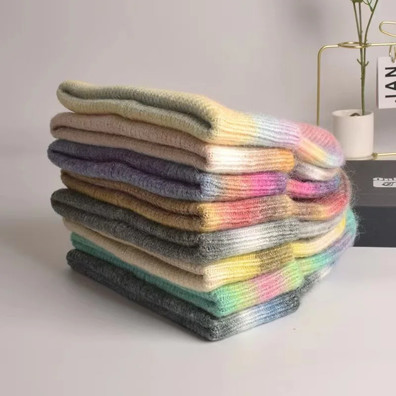 custom cute luxury warm knitted beanie blanks Winter cashmere bennie caps women gradient rainbow beanie hats with custom logo