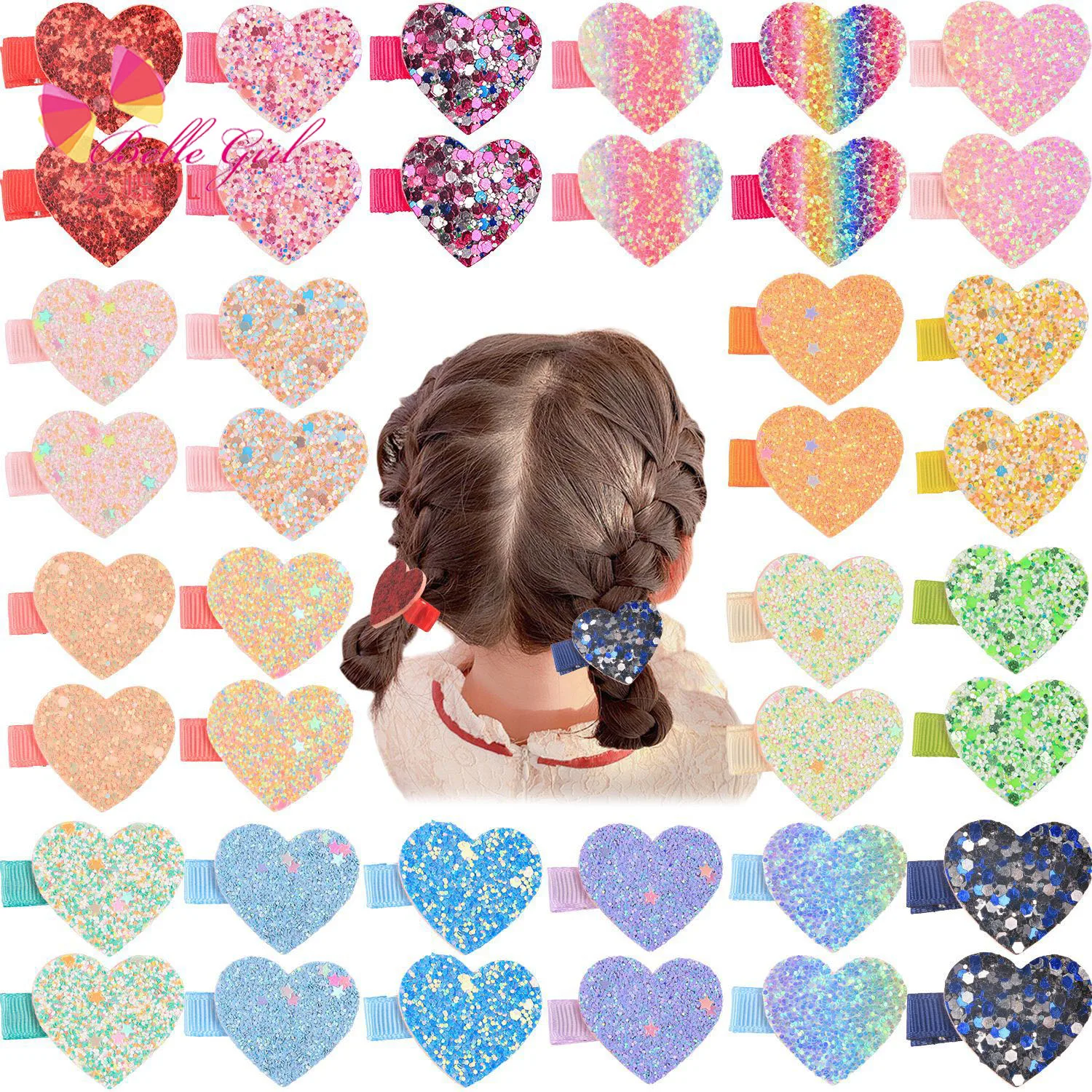 BELLEGIRL wholesale cheap good quality Korean hair clips 1.5 inch rainbow colorful heart love shape glitter kids hair clips