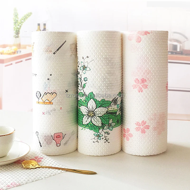 Wholesale Household Cleaning Kitchen Paper Spunlace Embossed Pattern Nonwoven PP Wood Pulp Dish Cloth Rolls