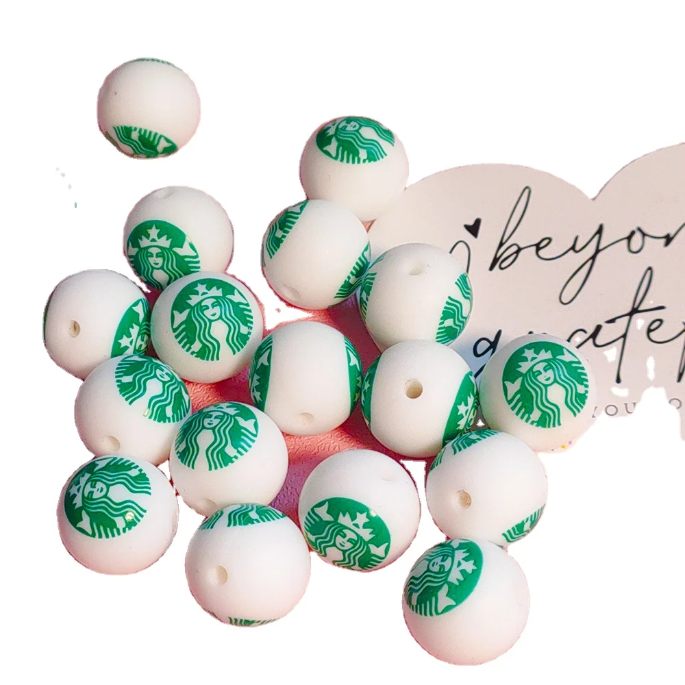 Popular Food Grade 15mm Designer L CC S Coffee Shop Print Chewing Silicone Focal Beads Silicone Printed Beads For Pen Making