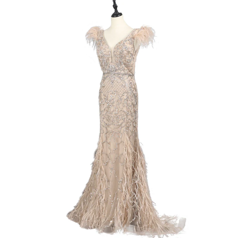 2022 High Quality Handmade Luxury Beaded Shiny Feather Slim-fit Mermaid Evening Party Dress