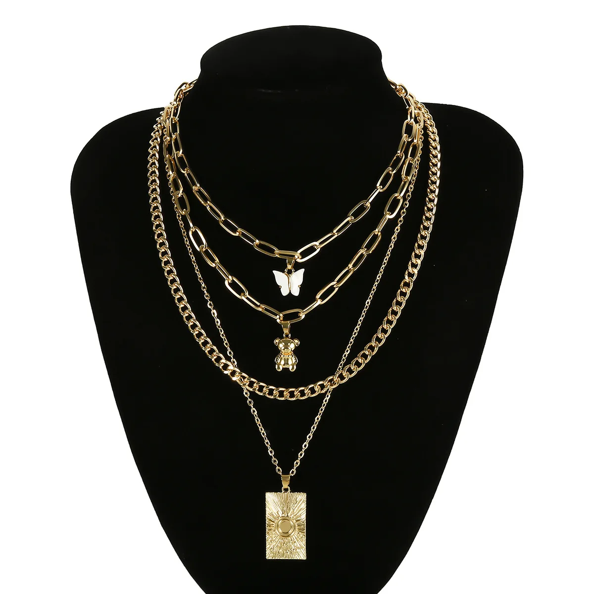 
60113 Europe and America Jewelry 2020 Layered Custom Butterfly Bear Cross Gold Chain Chunky Fashion Women Pendant Necklace 
