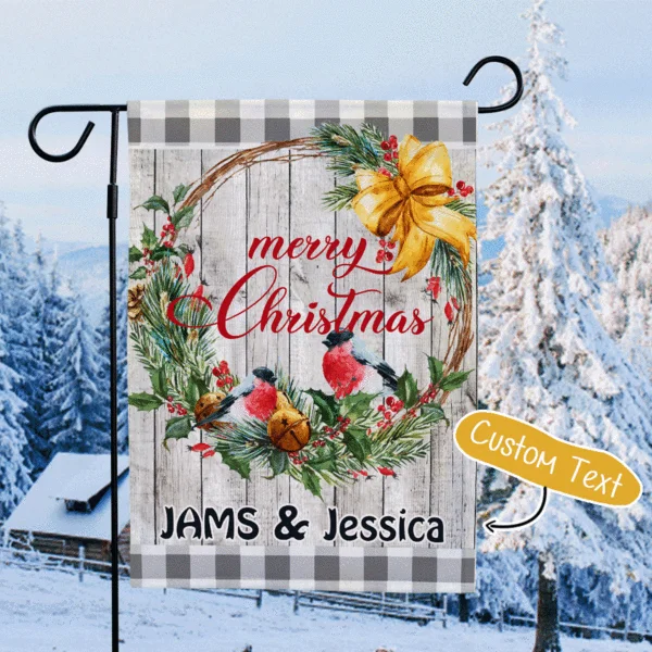 12.5in*18in Double Side Custom Name Christmas House Flag Red Birds Wreath Merry Christmas Garden Flag