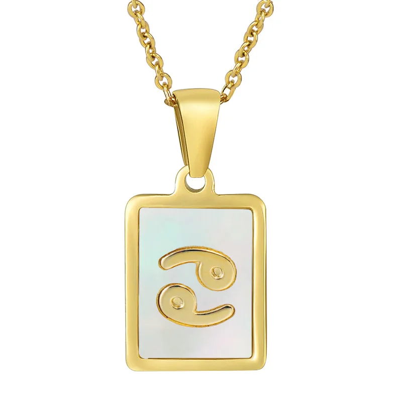 18K Gold Plated Stainless Steel 12 Astrology Pendant White Shell Locket Horoscope Necklace