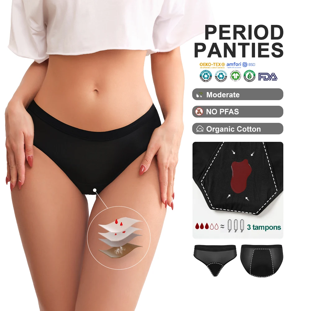 NO PFAS Low Waisted Culotte Menstruelle Absorbort Bio Full Protection Washable Reusable Cotton Women Menstrual Period Panties