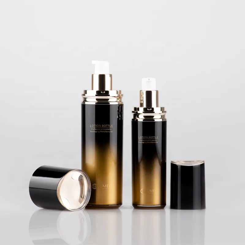 High Quality Gradient Black Bottle Gold Pump 100ml 50ml 30ml Yellow Plastic Cream Jar for Cosmetic