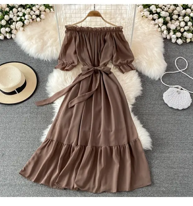 Summer Ladies Elegant Casual Dresses Women Casual Solid Color Off Shoulder Ruffle Short Puff Sleeve Dress