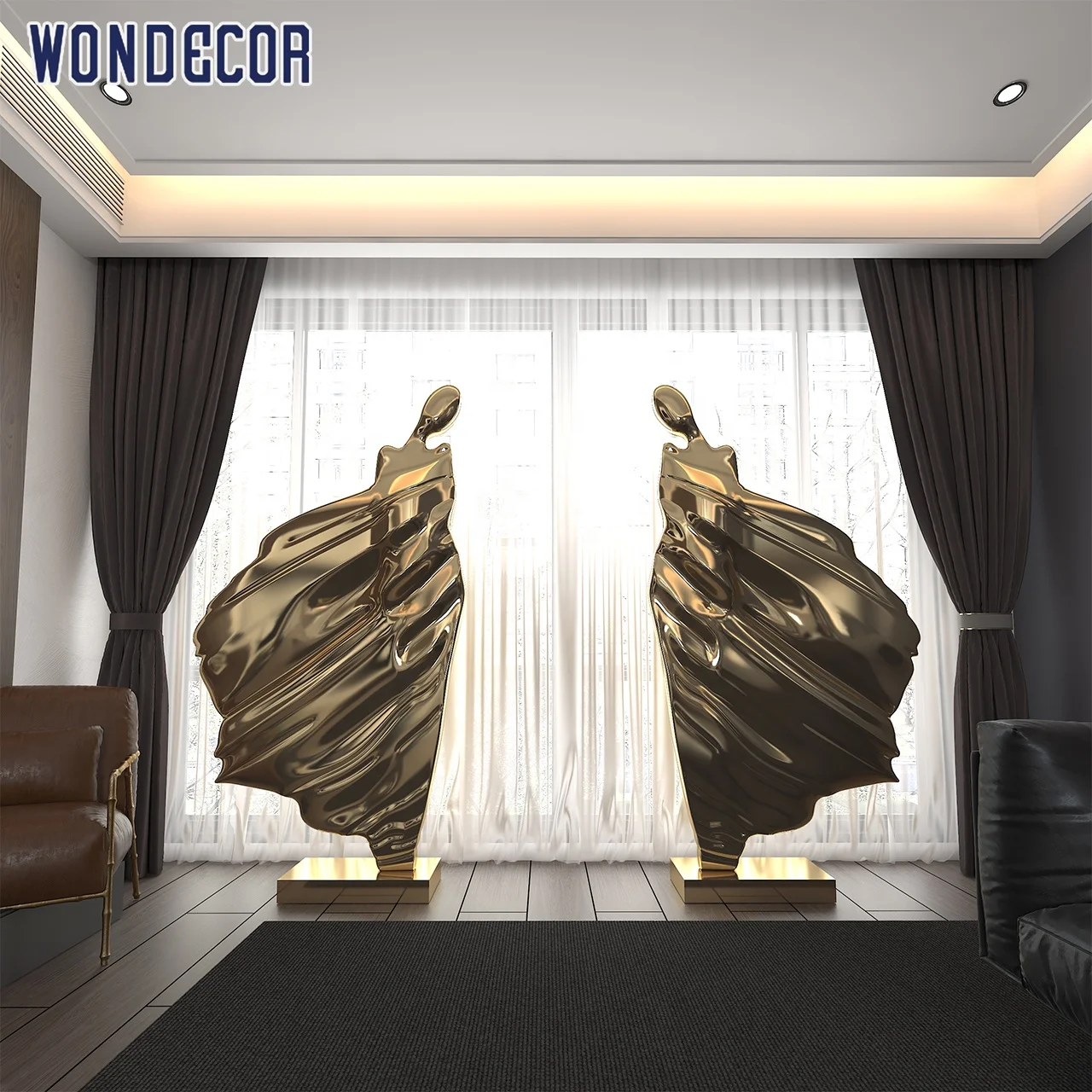 WONDECOR блестящая полированная абстрактная Современная Танцевальная леди золотого цвета, скульптура из нержавеющей стали для украшения интерьера