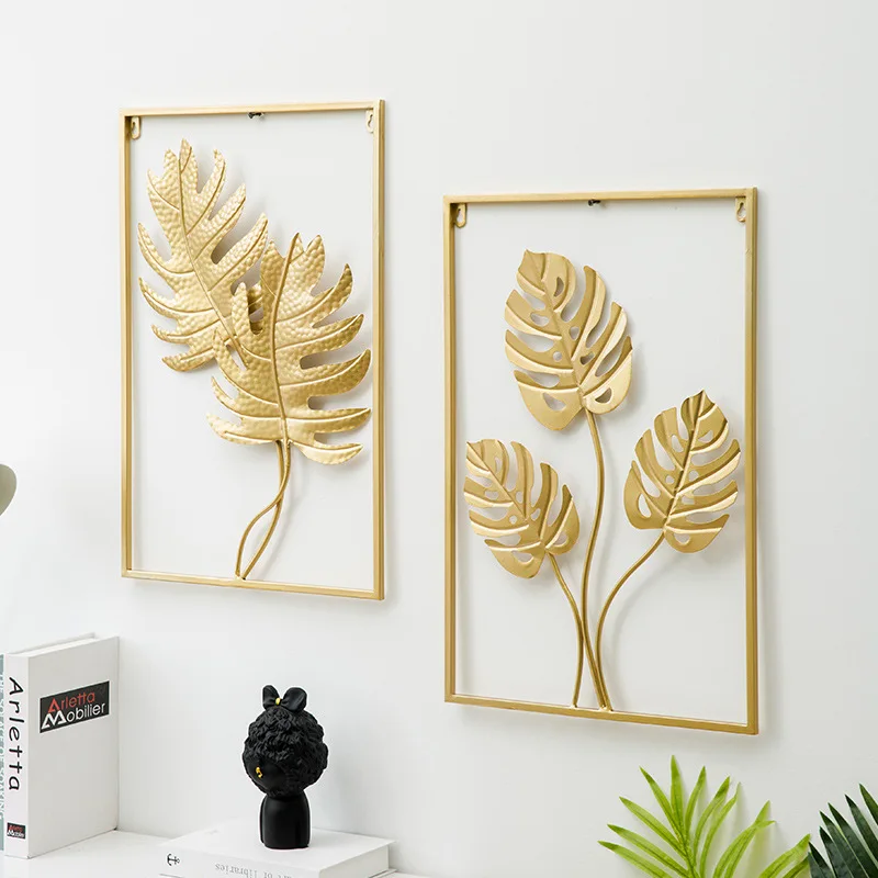 European Style 3d Interior Luxury Gold Metal Frame Metal Wall Art Hanging Leaf Flower Home Decor