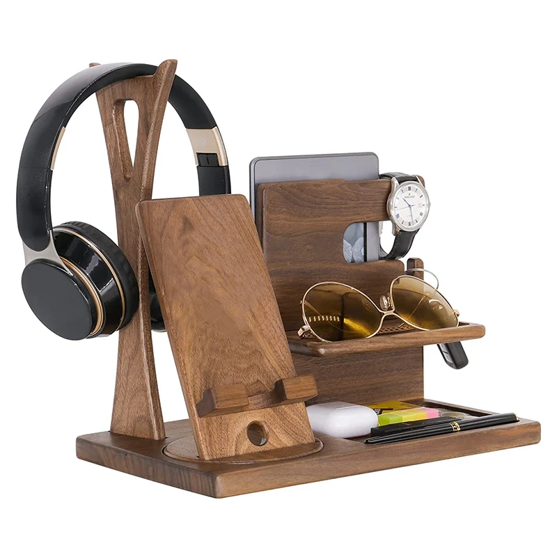 Desk storage rack bamboo phone docking station key holder wallet watch organizer desktop phone stand