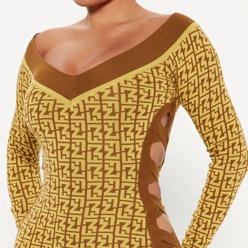 V-Neckline Side Cut Out Sweater Midi Dress custom jacquard sweater custom fashion knit custom jersey dress