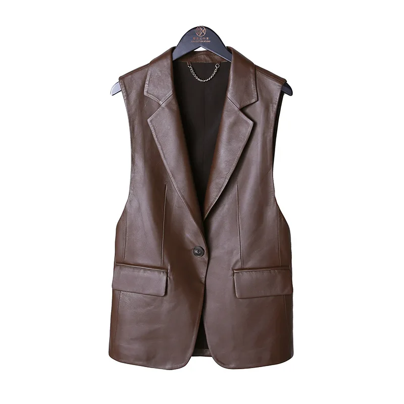 Synthetic leather single button women blazer collar sleeveless vegan leather classical ladies waistcoat vest