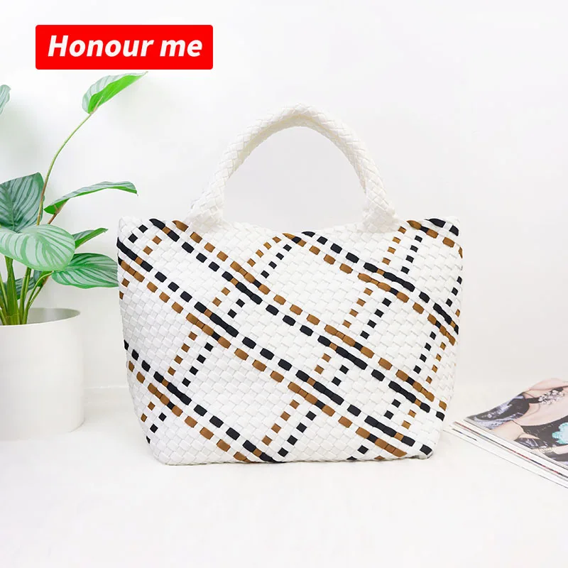 Customized Two Size Designer Luxury Waterproof Handbag Neoprene Woven Bag Beach Plaited Handmade Tote Weave Bag