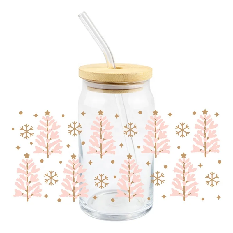 Factory Wholesale Christmas Tree Uv Dtf Cup Wrap Transfers Transparent Film Waterproof Custom Uv Dtf Wrap Transfer Print