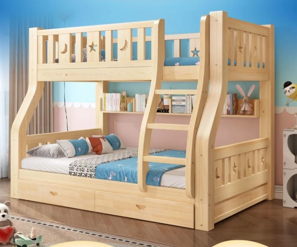Bunk Bed, Twin Over Full Solid Wood Bunk Bed with Twin Size, Bunk Bed Frame with Guardrail and Ladder  for Kids Teens Bedroom