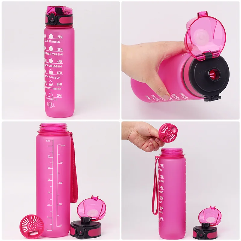 Plastic 32oz Sport Gym Motivational Bpa Free Drink Water Bottle With Time Marker Straw Strainer Flip Top Cover