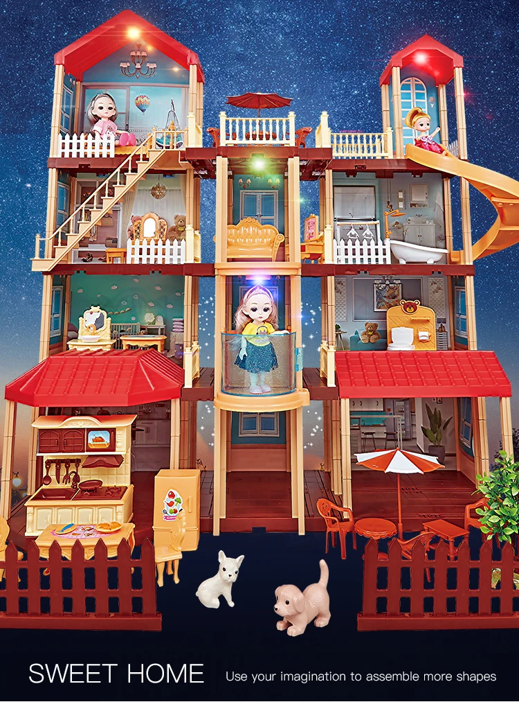 Princess DIY Big Villa Doll House Plastic Play Castle Doll houses Furniture Kit With Figures Assembled Toys for Girls Children