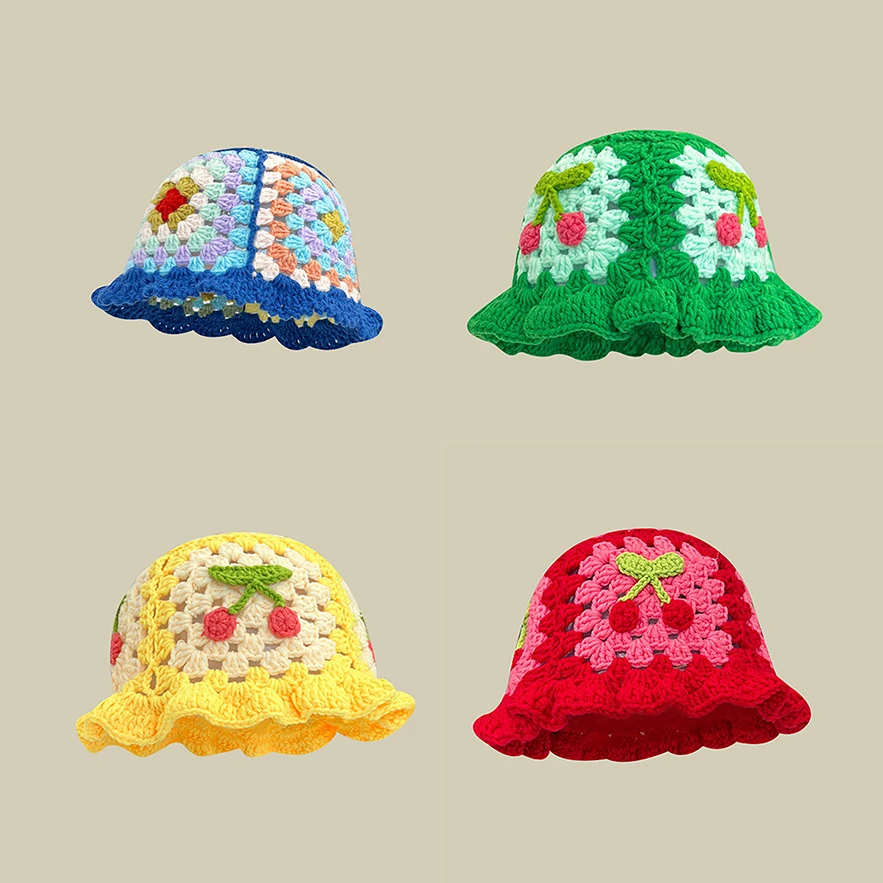 Wholesale vintage flowers hand-knitted fisherman hat women sweet hollow flowers crochet bucket hat