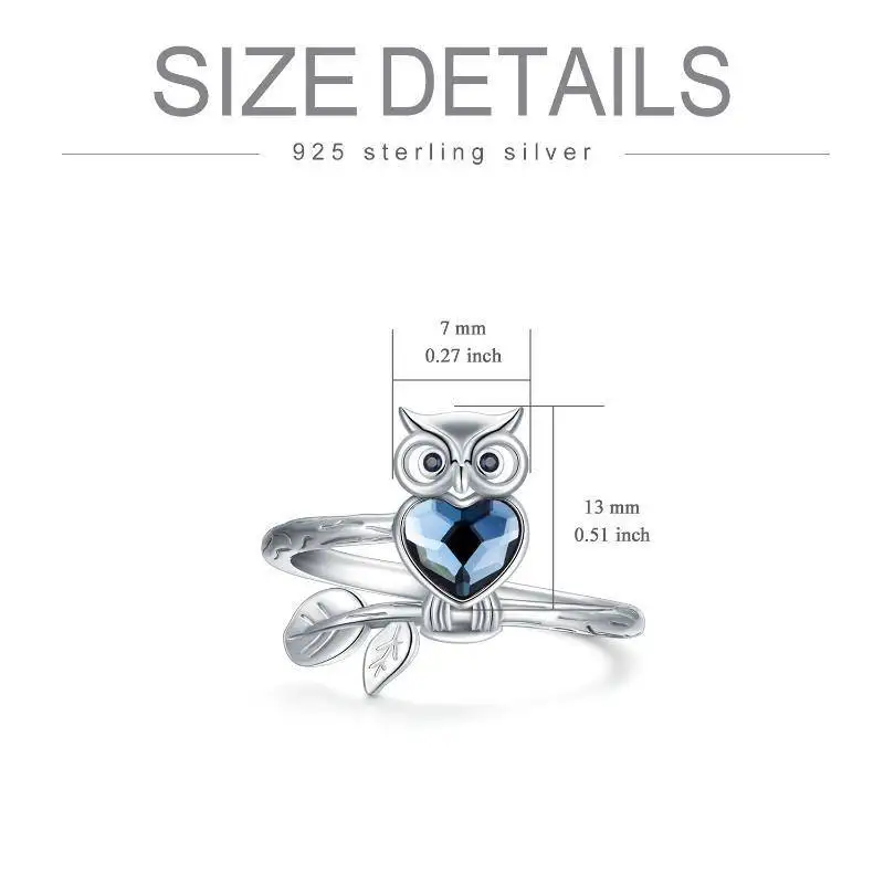 Heart Blue Crystal With Animal Owl 925 Sterling Silver Ring For Women