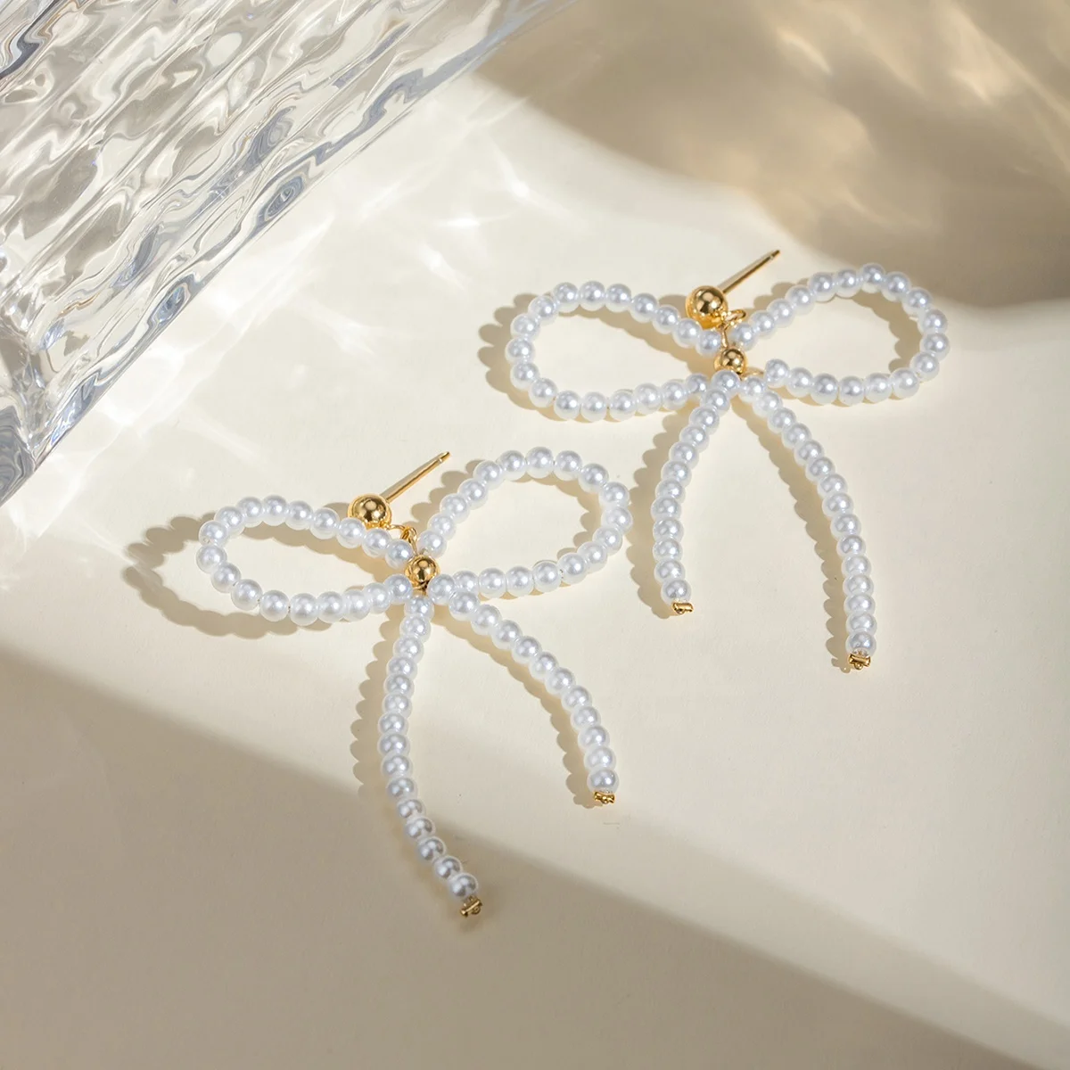 J&D Cute Bowknot Beads Design Glass Pearl 18K Real Gold PVD Plated Stainless Steel Bow Stud Earrings For Girls Daily