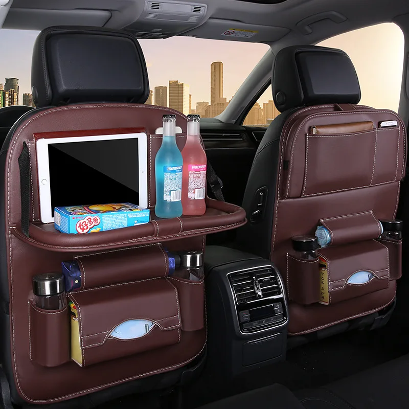 PU leather folding storage tray car back seat food tray car back seat organizer with tray