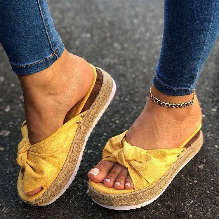 Wholesale 2024 Women Bow Sandals Beach Canvas Hemp Outsole Platform Slippers
