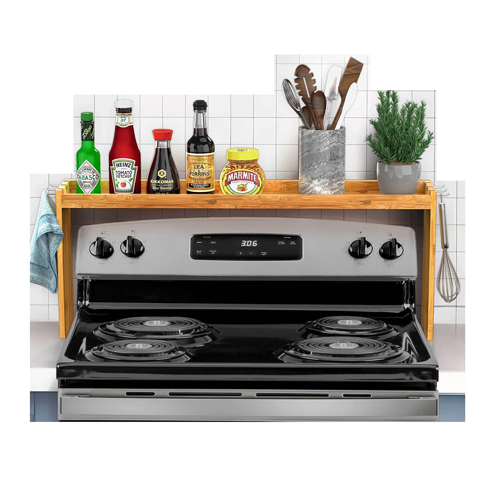 Bamboo Over The Stove Spice Shelf for Kitchen Storage Kitchen Spice Rack Organizer Stove Top Shelf with 6 Hooks Extra Storage