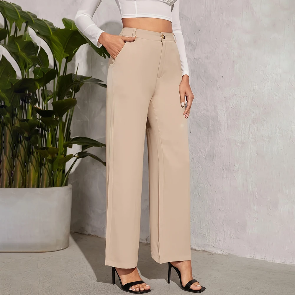 Hot Sales Soft Pants For Women Solid High Waist Straight Leg Pants Straight-Leg Pants For Women Office Women Slim-Fit Trousers