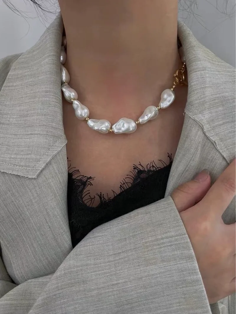 Big Pearl Necklace Stainless Steel OT Clasp Choker Pearl Necklace Vintage Baroque Pearl Necklace
