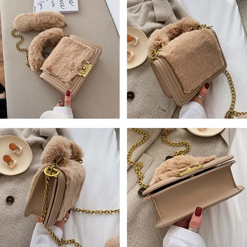 
Luxury Winter Fluffy Handbag Women High Quality Fur Tote Female Chain Metal Lock Crossbody Bag Totes Ladies Retro Plush Hand Bag 