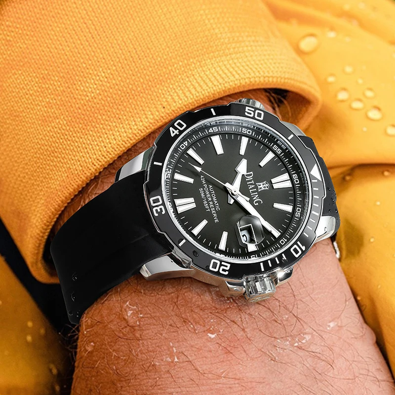 DITALING Stainless Steel Men Wrist Watch Diver Waterproof Rubber Strap Automatic Watches