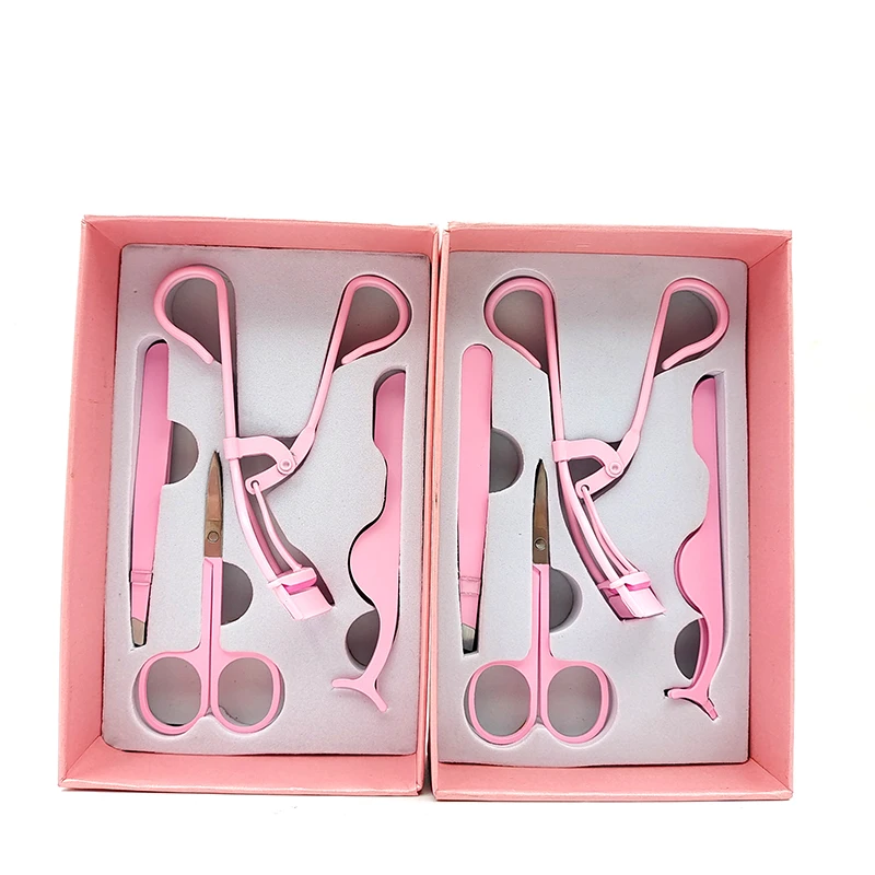 pink custom stainless steel false eyelash tweezer eyebrow scissor clip with lashes curler applicator 4pcs set