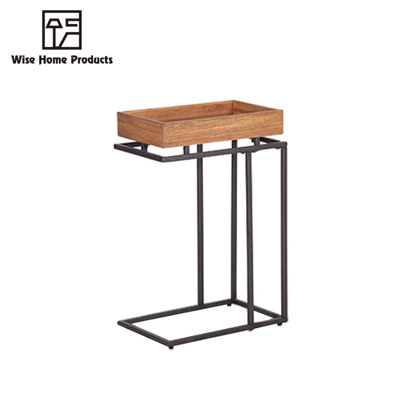 New Design C Shape Metal Leg Wooden Tray Bed Side Table For Living Room Furniture