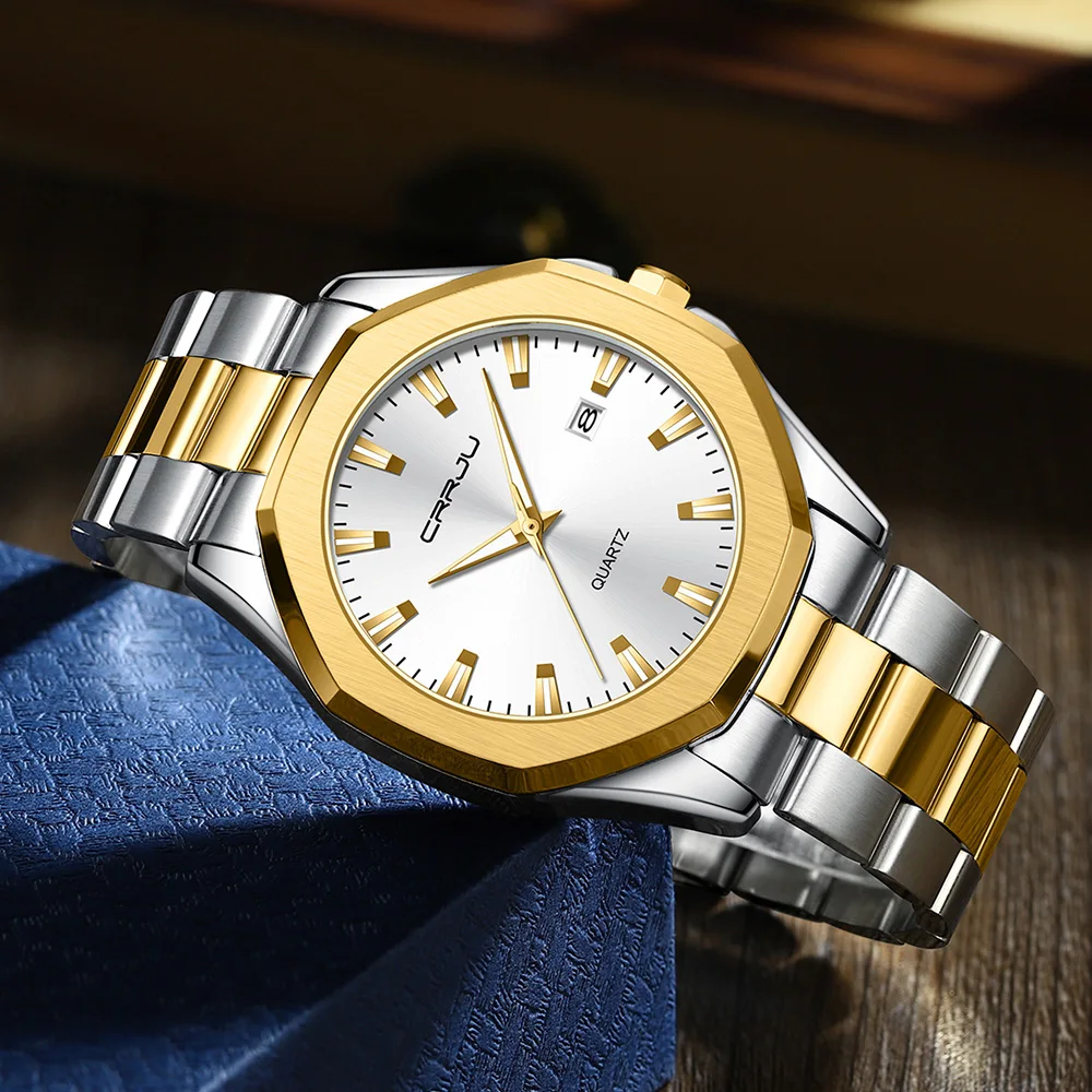 Crrju watch 5004 luxury guangzhou men hour hot sale Stainless steel band water resist Calendar Simple business watch kit