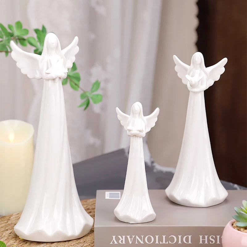 Redeco New Design Creative Guardian Angel Figurine White Angel Sculpture Ceramic Angel Ornament For Gifts Home Decoration