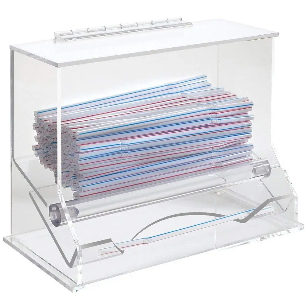 Acrylic Straw Dispenser Holder with Lid Rolling Knob Pencil Organization Box