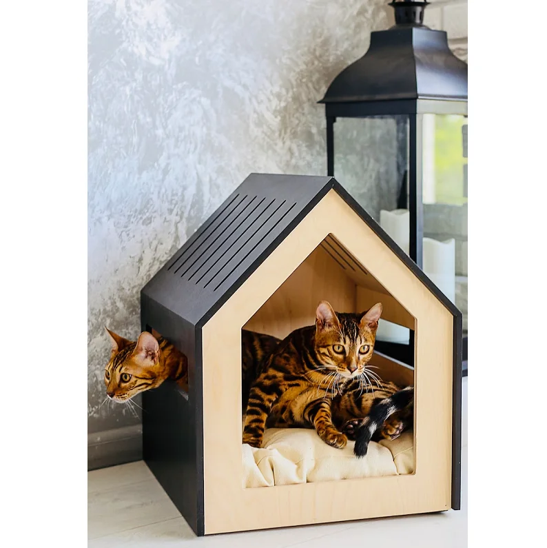 Hot selling creative indoor modern pet furniture wooden cat house with changeable scratcher