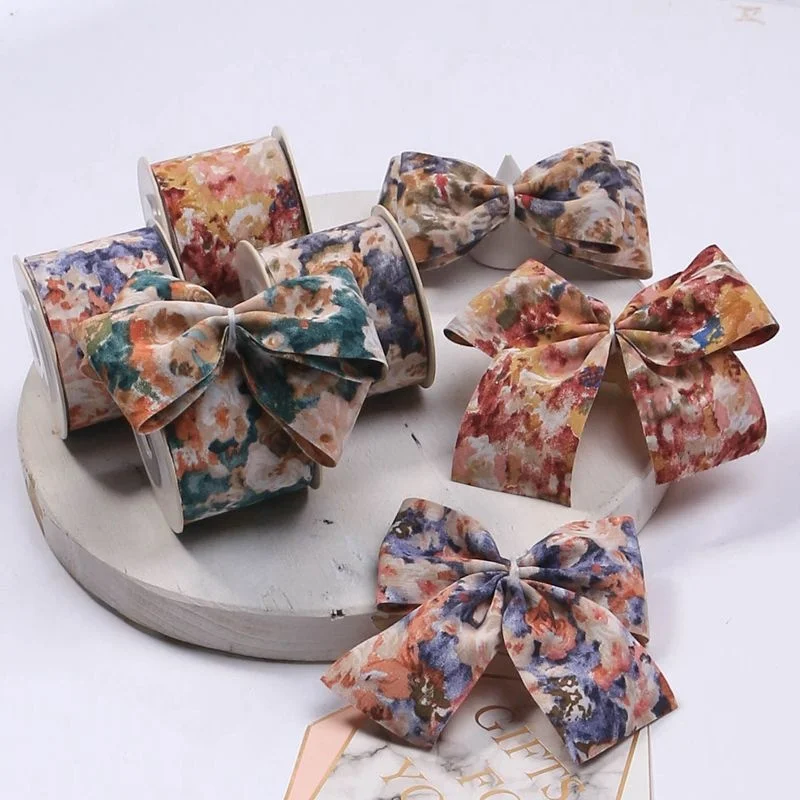 Vintage Oil painting  ribbon DIY tie-dye collar flower bow handmade hair accessories hair bows flowers gift packaging decoration