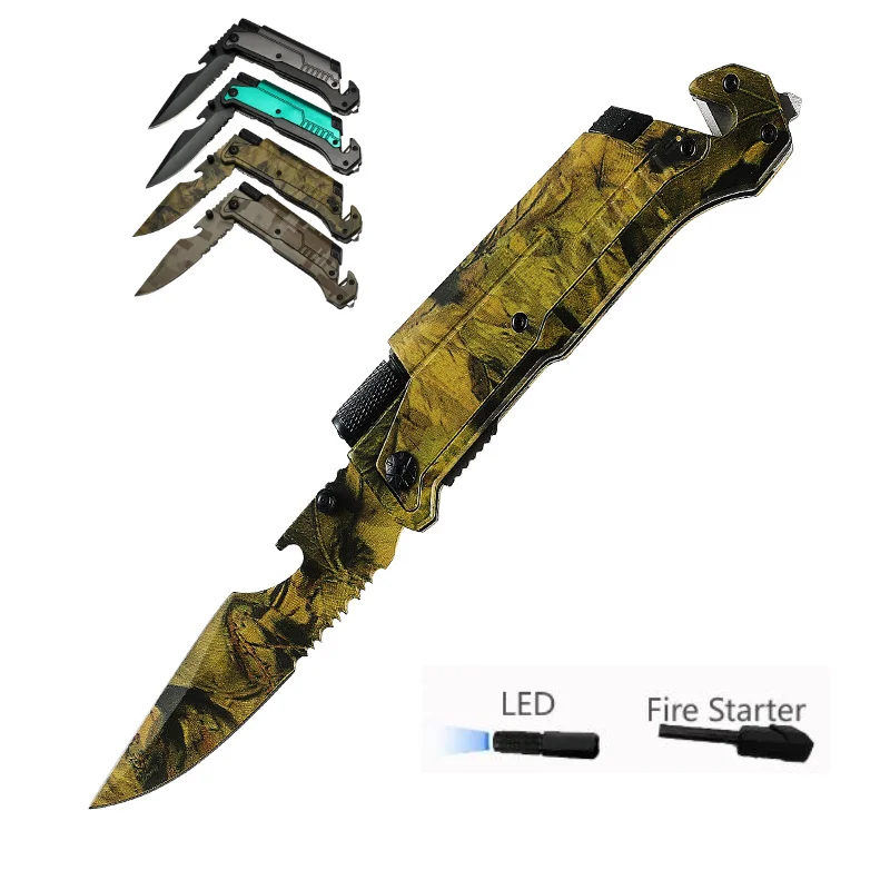 Built in Fire Starter in Aluminium Oxidized Handle LED Light 3Cr13 Serrated Blade with Bottle Opener Camouflage Folding Knife